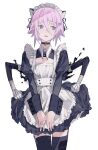  1other absurdres alternate_costume androgynous animal_ears apron averting_eyes bell black_choker black_dress black_thighhighs bright_pupils cat_ears choker cleavage_cutout clothing_cutout collared_dress commentary_request cowboy_shot crona_(soul_eater) cuff_links dress embarrassed enmaided flat_chest grey_eyes hair_between_eyes highres jingle_bell juliet_sleeves light_blush long_sleeves maid maid_apron maid_headdress neck_bell open_mouth other_focus puffy_sleeves purple_hair ragnarok_(demon_sword) short_hair simple_background soul_eater thighhighs v_arms white_apron white_background white_pupils yamasodachi55 