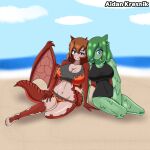  2021 aidan_kresnik animal_humanoid beach big_breasts blue_eyes blush breasts brown_hair cleavage clothed clothing dragon dragon_humanoid dragon_tail dragon_wings duo female forearms goo_creature goo_hair goo_humanoid green_body green_hair hair hair_over_eye hi_res humanoid looking_at_viewer midriff mouthless navel not_furry one-piece_swimsuit one_eye_obstructed oozing pseudo_hair sand scaled_forearms scales seashore seaside signature sitting slime smile smiling_at_viewer swimwear 