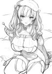  1girl azur_lane beret breasts cleavage cleavage_cutout clothing_cutout commentary_request cotton_swab covered_navel greyscale hand_up hat highres holding holding_cotton_swab large_breasts looking_at_viewer monochrome sitting sketch smile solo thighs twintails wariza ygcn zara_(azur_lane) 