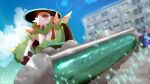  blurry bright_pupils brown_eyes building chesnaught closed_mouth clothed_pokemon cloud commentary_request day depth_of_field hat holding mizunogoke outdoors pokemon pokemon_(creature) sky spikes 