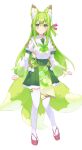  1girl absurdres animal_ear_fluff animal_ears breasts closed_mouth clothing_cutout commentary fox_ears fox_girl fox_tail full_body green_eyes green_hair green_neckerchief green_skirt green_tail hair_between_eyes hair_ornament highres kurobikari long_hair long_sleeves looking_at_viewer multiple_tails neckerchief okobo one_side_up original pink_footwear pink_ribbon pleated_skirt pom_pom_(clothes) puffy_long_sleeves puffy_sleeves ribbon shirt shirt_overhang side_cutout sideboob sidelocks simple_background skirt small_breasts solo sweatdrop tabi tachi-e tail thighhighs white_background white_shirt white_thighhighs wide_sleeves 