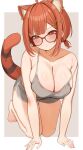  1girl absurdres ahoge all_fours animal_ears barefoot blunt_bangs blush breasts choco_tanuki cleavage feet glasses hair_ornament hairclip highres large_breasts nijisanji no_shoes orange_eyes pout ratna_petit red_panda_ears solo tail virtual_youtuber 