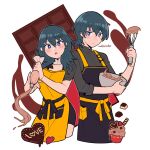  1boy 1girl alternate_costume apron artist_name black_hair blue_eyes bowl breasts byleth_(female)_(fire_emblem) byleth_(fire_emblem) byleth_(male)_(fire_emblem) candy chocolate do_m_kaeru fire_emblem fire_emblem:_three_houses food heart heart-shaped_chocolate looking_back medium_breasts parted_lips pastry_bag short_hair whisk white_background 