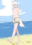  1girl absurdres animal_ears arknights barefoot beach blue_sky blush day enderanswer exhibitionism flat_chest grey_shorts highres horse_ears horse_girl horse_tail male_swimwear_challenge nipples ocean outdoors platinum_(arknights) public_indecency sand short_hair shorts sidelocks sky solo tail tomboy topless water white_hair yellow_eyes 