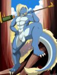  absurd_res anthro balls blonde_hair blue_body dragon foreskin genitals hair hi_res holding_object holding_weapon humanoid_genitalia humanoid_penis male melee_weapon nude penis solo tail weapon winick-lim 