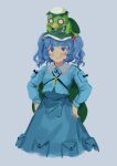  1girl backpack bag blue_eyes blue_hair blue_shirt blue_skirt blush closed_mouth flat_cap green_headwear grey_background hair_bobbles hair_ornament hat highres himuhino kappa kawashiro_nitori key long_sleeves shirt short_hair simple_background skirt smile solo touhou traditional_youkai two_side_up 