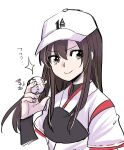  1girl akagi_(kancolle) baseball baseball_cap black_hair blue_eyes commentary_request hat highres holding japanese_clothes kantai_collection long_hair sanpachishiki_(gyokusai-jima) simple_background smile solo upper_body white_background 