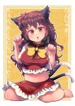  1girl :o alternate_hair_length alternate_hairstyle animal_ears barefoot bow bowtie breasts brown_hair carte cat_ears chen covered_nipples earrings full_body head_tilt highres jewelry large_breasts long_hair looking_at_viewer midriff navel no_headwear open_mouth paw_pose single_earring sitting solo touhou very_long_hair wariza yellow_bow yellow_bowtie 