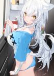  1girl absurdres animal_ear_fluff animal_ears ass blue_panties blue_shirt blush breasts brown_eyes butt_crack cat_ears cleavage commentary_request drooling fang grey_hair hair_between_eyes highres holding kamioka_shun&#039;ya large_breasts long_hair looking_at_viewer looking_to_the_side mouth_drool no_pants original panties parted_lips refrigerator shirt solo sweat underwear very_long_hair wooden_floor 