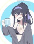  1girl bikini black_bikini black_hair blanchat blue_archive blue_hairband blush_stickers closed_eyes cup flat_chest gold_necklace grey_sweater hairband halo highres holding holding_cup jewelry long_hair necklace off_shoulder ponytail smile solo sweater swimsuit ui_(blue_archive) ui_(swimsuit)_(blue_archive) wavy_mouth 