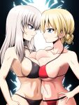  2girls absurdres alternate_costume asymmetrical_docking bare_shoulders bikini black_bikini blonde_hair blue_eyes braid breast_contest breast_press breasts cleavage darjeeling_(girls_und_panzer) from_side girls_und_panzer grey_hair highres itsumi_erika kamishima_kanon large_breasts looking_at_another medium_hair midriff multiple_girls navel red_bikini short_hair swimsuit twin_braids 