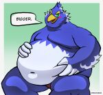  absurd_res anthro avian beak belly blue_body blue_feathers breath_of_the_wild english_text eyebrows feathers green_eyes hi_res humor male mindofabear navel nintendo overweight revali rito sitting solo text the_legend_of_zelda thick_eyebrows 