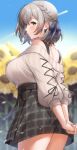  1girl arms_behind_back bare_shoulders blue_sky blurry blurry_background blush braid breasts flower french_braid from_behind green_eyes grey_hair hair_ribbon highres hololive komekueyo large_breasts looking_to_the_side medium_hair off-shoulder_sweater off_shoulder official_alternate_hairstyle outdoors plaid plaid_skirt ribbed_sweater ribbon shirogane_noel shirogane_noel_(3rd_costume) skirt sky smile solo sunflower sweater sweater_tucked_in thighs virtual_youtuber white_sweater 
