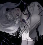  1girl backless_dress backless_outfit bandage_over_one_eye black_background detached_sleeves dress from_behind grey_dress grey_sleeves highres long_hair looking_at_viewer looking_back mado_tyan no.21:_xxi_(punishing:_gray_raven) no.21_(punishing:_gray_raven) open_mouth pale_skin pose_request punishing:_gray_raven purple_eyes sleeves_past_fingers sleeves_past_wrists solo subdermal_port very_long_hair 