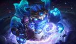  1boy absurdres black_footwear black_gloves blue_eyes constellation cosmic_paladins_nunu cosmic_paladins_willump creature english_commentary extra_arms galaxy gloves highres holding holding_wand hood hoodie in_orbit league_of_legends nunu_(league_of_legends) official_art open_mouth orb orbited pepeno planet red_hoodie sitting sky smile space star_(sky) starry_sky teeth wand white_hair willump 
