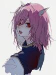  1girl absurdres grey_background highres horns ibaraki_douji&#039;s_arm kn001215 looking_at_viewer open_mouth pink_hair red_eyes short_hair simple_background slit_pupils solo touhou twitter_username upper_body 