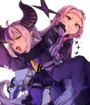  2girls arched_bangs ascot black_capelet black_gloves black_horns braid braided_bangs capelet collar fang gloves hair_wings hand_on_own_face highres hololive horns la+_darknesss la+_darknesss_(1st_costume) metal_collar multicolored_hair multiple_girls murasaki_shion murasaki_shion_(1st_costume) pinstripe_pattern pointy_ears purple_hair purple_thighhighs shio_koneno short_eyebrows single_thighhigh sleeves_past_fingers sleeves_past_wrists streaked_hair striped striped_horns striped_thighhighs thigh_strap thighhighs virtual_youtuber yellow_ascot yellow_eyes 