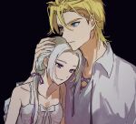  1boy 1girl bare_shoulders black_background blonde_hair blue_eyes closed_mouth collarbone collared_shirt couple dimitri_alexandre_blaiddyd edelgard_von_hresvelg fire_emblem fire_emblem:_three_houses grey_shirt hair_intakes hair_over_shoulder hair_ribbon hand_on_another&#039;s_head head_on_head head_rest hetero highres ikaikakka long_hair purple_eyes purple_ribbon ribbon shirt short_hair simple_background sleeveless sleeveless_shirt upper_body white_hair white_shirt wing_collar 