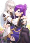  2girls armor artist_name black_pantyhose carrying carrying_person dress fire_emblem fire_emblem:_three_houses fire_emblem_warriors:_three_hopes fukuroumori hair_bun hair_over_one_eye long_hair lysithea_von_ordelia multiple_girls pantyhose princess_carry purple_dress purple_eyes purple_hair shez_(female)_(fire_emblem) shez_(fire_emblem) single_hair_bun smile tassel white_hair yuri 