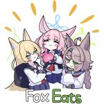  3girls animal_ears blonde_hair blue_archive brown_hair closed_eyes english_text fox_ears green_eyes halo highres holding_bento kanaeco25 kurumi_(blue_archive) looking_at_viewer multiple_girls niko_(blue_archive) otogi_(blue_archive) pink_hair wrapped_bento 