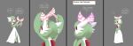  absurd_res after_transformation anthro blush bow_ribbon colored comic dialogue embarrassed english_text female frustrated gardevoir generation_3_pokemon green_body green_hair hair hi_res mentalcrash nintendo pokemon pokemon_(species) psychic_powers red_eyes speech_bubble spikes spikes_(anatomy) text thought_bubble white_body 