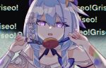  1girl blue_hair bow bright_pupils character_name commentary crime_prevention_buzzer glowing glowing_eyes griseo hair_bow hat highres holding honkai_(series) honkai_impact_3rd looking_at_viewer mi_(27782900) open_mouth paint_splatter parody purple_eyes shukusei!!_loli-gami_requiem sidelocks solo teeth upper_teeth_only white_pupils 