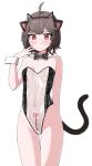  1girl absurdres ahoge animal_ears bare_arms bare_legs bare_shoulders billbung black_bow black_bowtie blush bow bowtie breasts brown_hair cat_ears cat_tail closed_mouth commentary_request commission covered_navel cowboy_shot detached_collar embarrassed fake_animal_ears hairband hand_up heart highleg highleg_leotard highres korean_commentary length_markings leotard looking_at_viewer mole mole_on_breast mole_on_thigh nontraditional_playboy_bunny original penis_measuring prunechi red_eyes second-party_source see-through see-through_leotard short_hair simple_background small_breasts solo standing strapless strapless_leotard tail tail_raised thighs translucent_bunnysuit white_background wrist_cuffs 