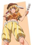  1girl animal_ears blonde_hair blush brown_headwear cabbie_hat closed_mouth dango eating feet_out_of_frame floppy_ears food gyouza_(mhea5724) hat highres holding navel orange_shirt rabbit_ears red_eyes ringo_(touhou) shirt short_hair short_sleeves shorts smile solo striped striped_shorts touhou vertical-striped_shorts vertical_stripes wagashi yellow_shorts 