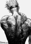  1boy blindfold from_behind gojou_satoru greyscale hand_on_own_shoulder highres jujutsu_kaisen kuwoniagyu11112 male_focus monochrome shirt short_hair short_sleeves simple_background solo spiked_hair twitter_username 