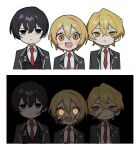  1girl 2boys :&lt; :d black_hair black_vest blonde_hair blood blood_on_face blue_eyes chibi chromatic_aberration closed_mouth collared_shirt commentary_request don_quixote_(limbus_company) expressionless frown glowing glowing_eyes grey_jacket highres jacket limbus_company mu46016419 multiple_boys necktie open_clothes open_jacket open_mouth project_moon red_necktie sanpaku shirt short_hair sinclair_(limbus_company) smile sweat vest white_shirt yellow_eyes yi-sang_(limbus_company) 