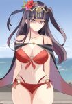  1girl absurdres arms_behind_back bikini black_cape black_hair cape collar fire_emblem fire_emblem_awakening fire_emblem_heroes highres looking_at_viewer n_54 navel o-ring o-ring_bikini official_alternate_costume parted_lips purple_eyes red_bikini shaded_face side-tie_bikini_bottom smile solo swimsuit tharja_(fire_emblem) tharja_(summer)_(fire_emblem) 