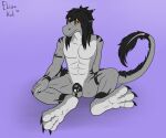  2022 3_toes 5_fingers abs anthro artist_name ball_tuft balls belly black_hair black_markings bodily_fluids chastity_cage chastity_device claws dragon eliasvol feet fingers flat_colors foot_focus front_view fur furred_dragon furred_tail genital_fluids genitals grey_body hair hand_behind_back hand_on_knee hand_on_leg horn long_hair looking_at_viewer male markings muscular nude orange_eyes penis precum pupils simple_background sitting slit_pupils smile solo spread_legs spreading tan_belly toe_claws toes tuft zellis_(eliasvol) 
