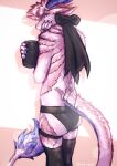  accessory anthro anxiouslynx bow_accessory bow_ribbon butt clothed clothing digital_media_(artwork) dragon fur furred_dragon hair hi_res horn legwear lingerie looking_at_viewer male panties presenting presenting_hindquarters scalie selfie shy simple_background solo splek stockings tail thigh_highs underwear 