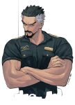 1boy absurdres aged_down alternate_costume bara biceps black_hair black_shirt brown_eyes clenched_teeth crossed_arms facial_hair highres looking_at_viewer male_focus monkey_d._garp multicolored_hair muscular muscular_male name_tag one_piece parted_lips scar scar_on_face shirt short_hair taut_clothes taut_shirt teeth twitter_username two-tone_hair uniform upper_body v-shaped_eyebrows vamos_mk veins veiny_arms white_background white_hair 