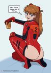  1girl :d absurdres adapted_costume ass blue_eyes bodysuit brown_hair earrings english_commentary fitletter from_behind highres jewelry leotard long_hair looking_at_viewer neon_genesis_evangelion plugsuit red_bodysuit simple_background smile solo souryuu_asuka_langley speech_bubble thighhighs 