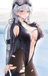  1girl ame_(uten_cancel) animal animal_on_chest armpit_cutout azur_lane black_wetsuit breasts clothing_cutout collarbone commentary cowboy_shot day enterprise_(azur_lane) enterprise_(diving_under_blue_skies)_(azur_lane) from_side goggles goggles_on_head grey_hair hair_between_eyes highres holding large_breasts long_hair looking_at_viewer octopus official_alternate_costume open_wetsuit outdoors panties panty_peek parted_lips purple_eyes scuba_tank thigh_pouch underwear water wet zipper_pull_tab 