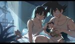  1girl 2boys absurdres baby bed black_hair breasts chi-chi_(dragon_ball) cleavage crying dragon_ball family father_and_son hand_on_another&#039;s_head highres holding_baby husband_and_wife mother_and_son multiple_boys night parent_and_child roku_(roku_0141) son_gohan son_goku spiked_hair tank_top window 