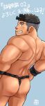  1boy ass bara between_buttocks biggym black_fundoshi black_hair blush ei_(marutendon) feet_out_of_frame from_behind grin hachimaki hands_on_own_hips headband highres long_sideburns looking_at_viewer looking_back male_focus muscular muscular_male original short_hair sideburns smile solo thick_eyebrows topless_male translation_request triceps undercut 