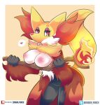  &lt;3 absurd_res anthro areola big_breasts black_body black_fur breasts canid chest_tuft cleavage clothed clothing delphox digital_media_(artwork) eyelashes eyeshadow female fingers fire fur generation_6_pokemon hi_res holding_object holding_stick inner_ear_fluff makeup mammal multicolored_body nintendo nipples onigiri_punch patreon pink_areola pink_nipples pink_tongue pokemon pokemon_(species) red_body red_fur red_nose side_boob simple_background skimpy skimpy_bikini smile solo speech_bubble standing stick swimwear tail tongue tongue_out topwear tuft twitter under_boob white_body white_fur yellow_body yellow_fur 