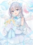  1girl :d back_bow balloon bare_shoulders blue_eyes bouquet bow butterfly_hair_ornament commentary_request feathers flower grey_hair hair_ornament halo heart hiuzawa_reira holding holding_bouquet indie_virtual_youtuber mochitsuki_usa official_art purple_flower purple_rose rose smile solo two_side_up virtual_youtuber yellow_flower yellow_rose 