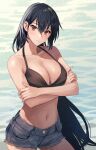  1girl alternate_costume bikini bikini_top_only black_bikini black_hair breasts brown_eyes cleavage closed_mouth collarbone commentary_request crossed_arms denim denim_shorts hair_between_eyes highres kantai_collection kasumi_(skchkko) large_breasts light_frown long_hair looking_at_viewer nagato_(kancolle) navel ocean outdoors shorts solo swimsuit very_long_hair 
