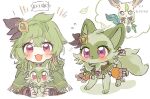  1girl :3 animalization blush carrying collei_(genshin_impact) genshin_impact green_hair kuma_(chikuwonder) leafeon medium_hair pokemon pokemon_(creature) purple_eyes sketch sprigatito tighnari_(genshin_impact) upper_body 