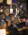  4boys absurdres black_blindfold black_hair black_shirt blindfold blonde_hair couch desk_lamp gojou_satoru hatake_kakashi high_collar highres indoors juice jujutsu_kaisen kyuuba_melo lamp mirror multiple_boys nanami_kento naruto naruto_(series) necktie open_mouth shirt umino_iruka white_hair 