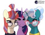  &lt;3 &lt;3_eyes 2019 absurd_res bellflower_blurb_(mlp) blue_bender clothing digital_media_(artwork) equid equine eyewear female friendship_is_magic glasses group hasbro hi_res horn looking_at_viewer mammal moondancer_(mlp) my_little_pony purple_eyes shadow simple_background smile twilight_sparkle_(mlp) unicorn white_background 