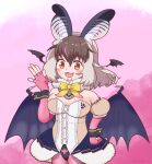  1girl animal_ears bat_ears bat_girl bat_wings brown_eyes brown_hair brown_long-eared_bat_(kemono_friends) elbow_gloves extra_ears fingerless_gloves gloves grey_hair highres hissaa_(hisser) kemono_friends kemono_friends_v_project leotard long_hair looking_at_viewer microphone pantyhose pink_background simple_background skirt solo virtual_youtuber wings 