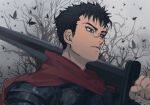  1boy armor bandaged_hand bandages bare_tree berserk black_butterfly black_hair brown_eyes bug butterfly cape from_side greatsword grey_sky guts_(berserk) highres holding holding_sword holding_weapon looking_ahead male_focus misayaandherod outdoors over_shoulder pauldrons portrait red_cape scar scar_on_face scar_on_nose short_hair shoulder_armor sky solo sword tree weapon weapon_over_shoulder 