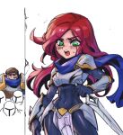  1boy 1girl 3others :o ambiguous_gender black_bodysuit blue_scarf blush bodysuit boobplate breasts brown_hair covered_navel cowboy_shot garen_(league_of_legends) green_eyes holding holding_sword holding_weapon katarina_(league_of_legends) league_of_legends long_hair looking_at_viewer multiple_others phantom_ix_row red_hair scarf shiny_clothes short_hair shoulder_plates simple_background small_breasts solo_focus sweatdrop sword teeth upper_teeth_only weapon white_background 