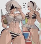  alternate_muscle_size ball beachball bikini black_blindfold black_hairband blindfold breasts chibi chibi_inset cleavage cooler drinking_straw english_text hairband highres large_breasts metal_gear_(series) metal_gear_rising:_revengeance muscular muscular_female nier:automata nier_(series) oil_can palm_tree raiden_(metal_gear) shirt simple_background soda soda_bottle striped striped_bikini swimsuit thick_thighs thighs tied_shirt toned tree yoracrab yorha_no._2_type_b 