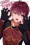  1boy black_gloves blue_lock braid collared_shirt gloves hands_up highres kurona_ranze long_sleeves looking_at_viewer male_focus nokcha26 open_mouth red_eyes red_hair red_shirt sharp_teeth shirt short_hair side_braid single_braid soccer_uniform solo sportswear teeth upper_body 