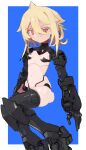  1girl android blonde_hair blue_background breasts commentary_request expressionless feet_out_of_frame hair_between_eyes highres joints looking_at_viewer mechanical_arms mechanical_legs medium_hair navel orange_eyes original robot_girl robot_joints shimosuke simple_background small_breasts solo 